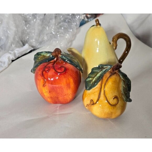 Fruit Teapot & Salt Pepper Shakers Set Apple Pear Kitchen Decor Ceramic - Picture 5 of 16
